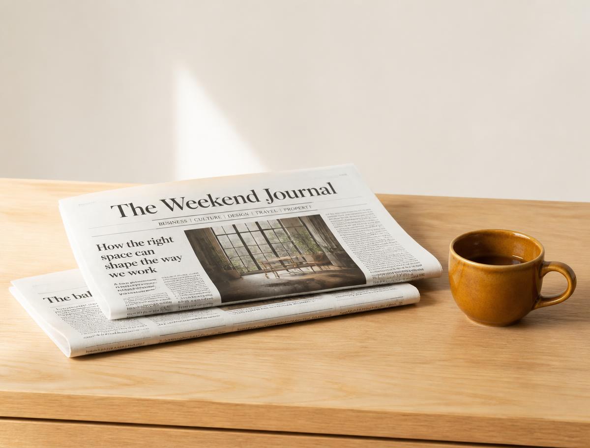 Folded printed newspapers and a ceramic cup on a light oak desk in morning daylight